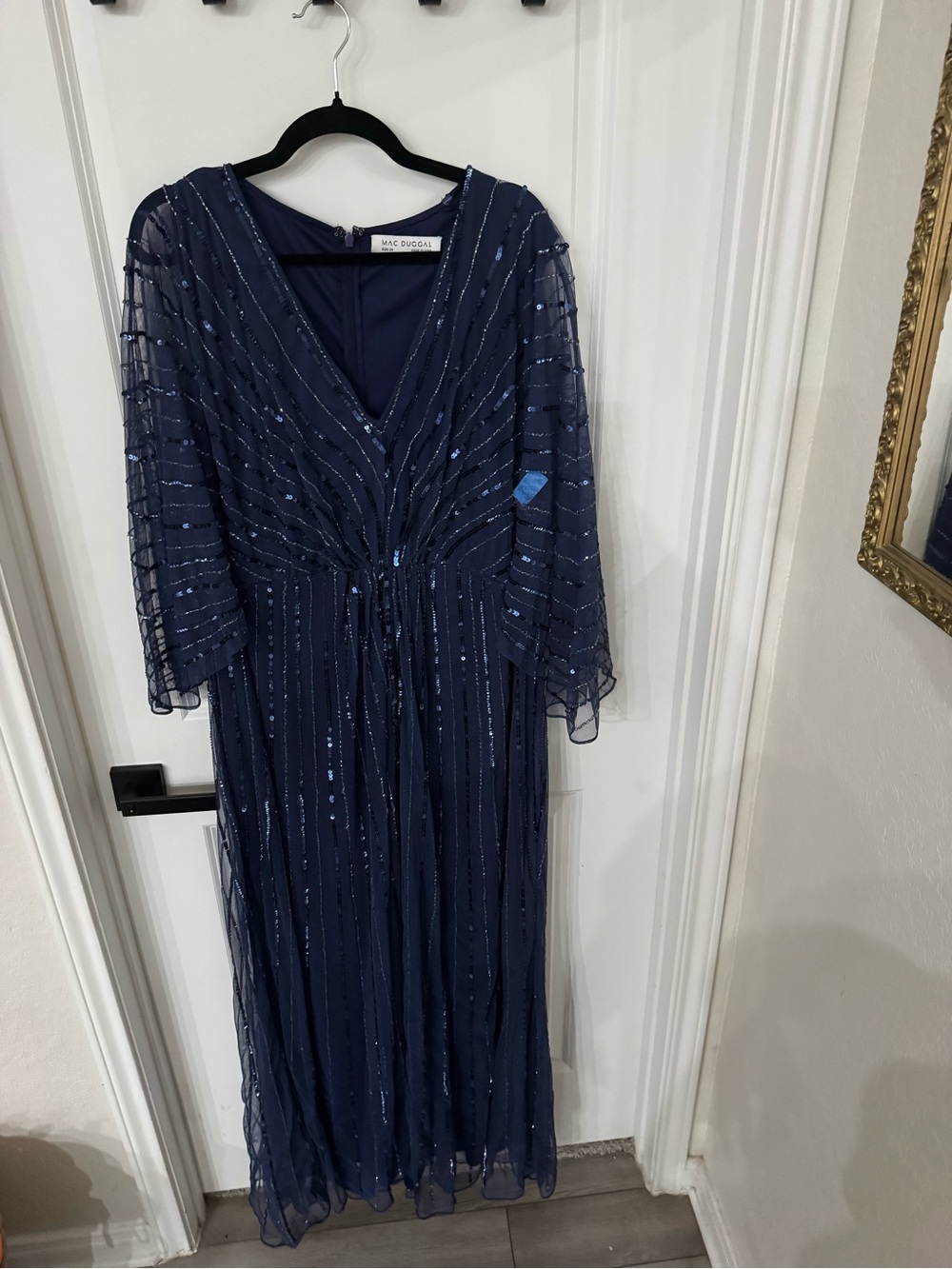 Mac Duggal Navy Sequined Beaded Stripe Cap Sleeve V-Neck Gown Maxi Dress